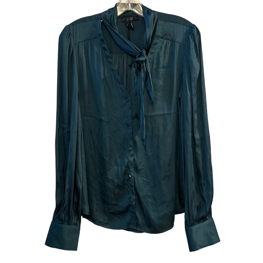 PAIGE Cleobelle Emerald Green Satin Tie Neck Button Front Blouse Medium